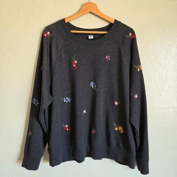 Old Navy Embroidered Floral Sweatshirt Grey Women's XL Crewneck Pullover Flowers - Picture 1 of 7